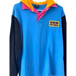 Odd Future Cotton Hooded Rugby Shirt Mens L Blue Colorblock Embroidered Patch